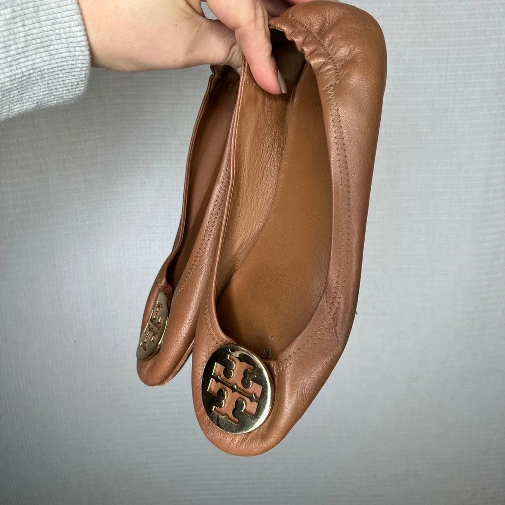 Tory Burch Minnie Travel Ballet Flats Brown Leather Gold‎ Logo Women US 8.5
